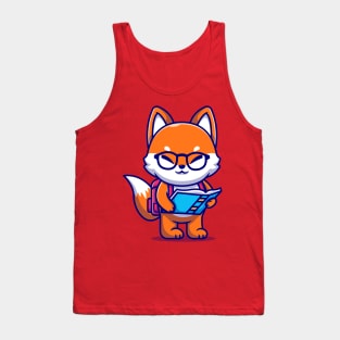 Cute Fox Holding Book With Backpack Cartoon Tank Top
